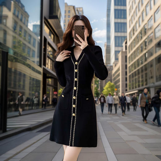 奢姿2024年冬季新款大码女装法式拼接裙子胖妹妹V领针织连衣裙9844827653 商品图2