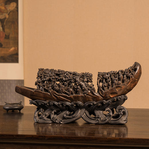 清 竹雕八仙过海人物船形摆件（红木座） 商品图1