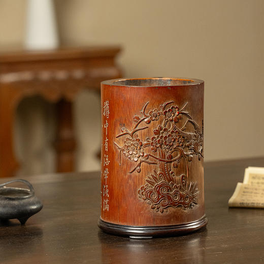 清 竹雕花鸟诗文笔筒 商品图4