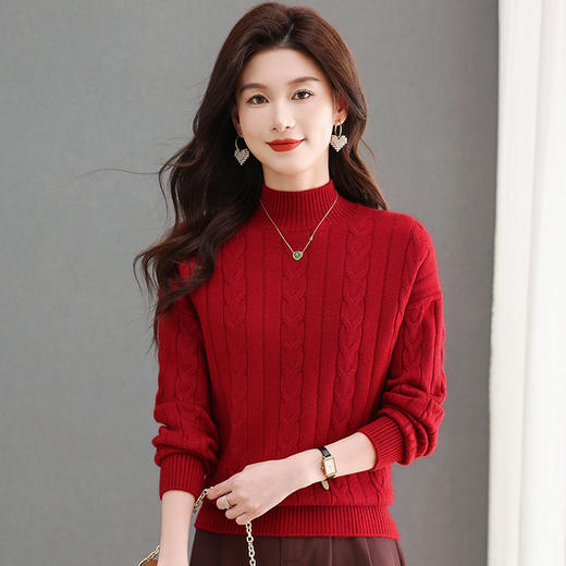 CC-tbrk-X1809时尚绞花半高领内搭短款针织衫女秋冬2024新款宽松厚款打底衫毛衣 商品图0