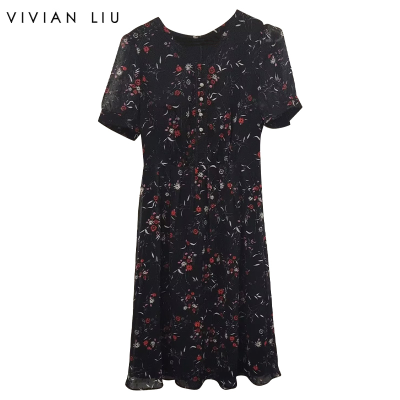 VIVIAN LIU TD2434121夏女装新款圆领印花收腰短袖长款连衣裙