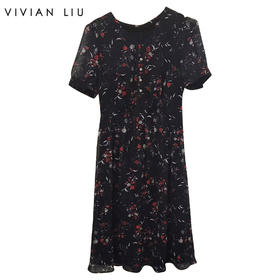VIVIAN LIU TD2434121夏女装新款圆领印花收腰短袖长款连衣裙