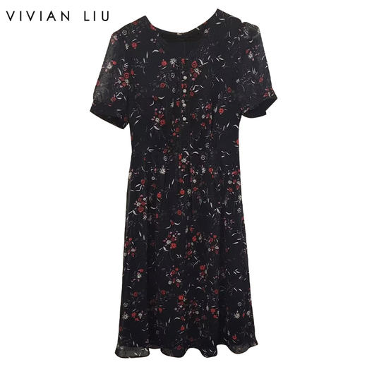 VIVIAN LIU TD2434121夏女装新款圆领印花收腰短袖长款连衣裙 商品图0