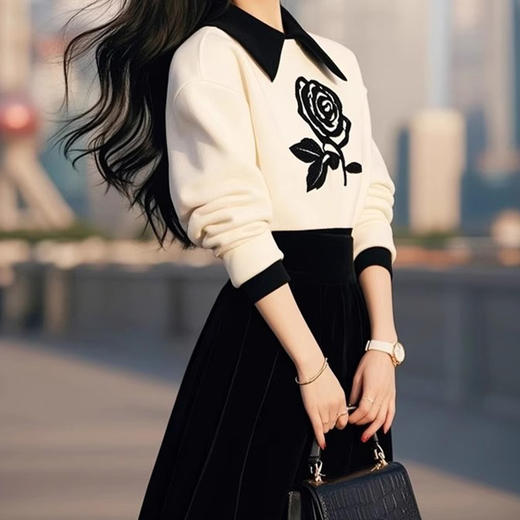 奢姿2024年冬季新款大码女装撞色玫瑰套装胖妹妹小香风半裙两件套9944991985 商品图2