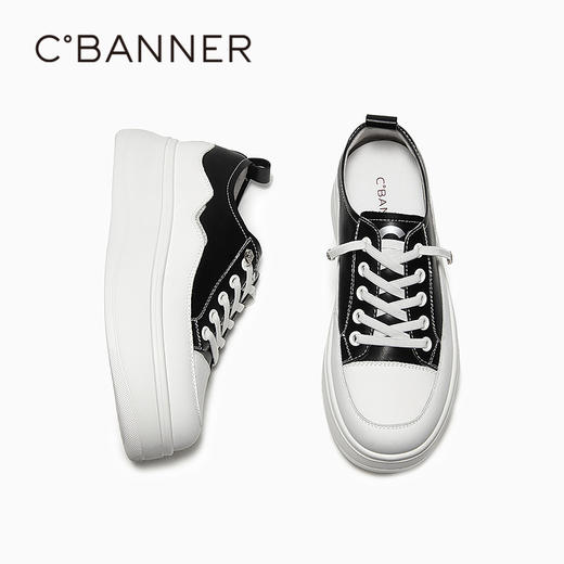 千百度厚底时尚休闲板鞋女款增高小白鞋帆布运动鞋A25199208 商品图4