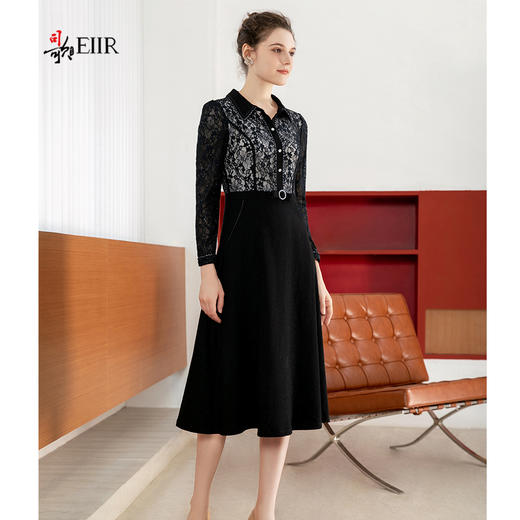 司歌蕾丝长袖连衣裙收腰端庄黑裙A901205X 商品图0