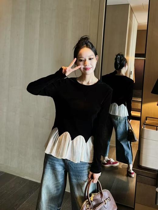 优雅气质丝绒拼接荷叶花边精致美丽衫 商品图0