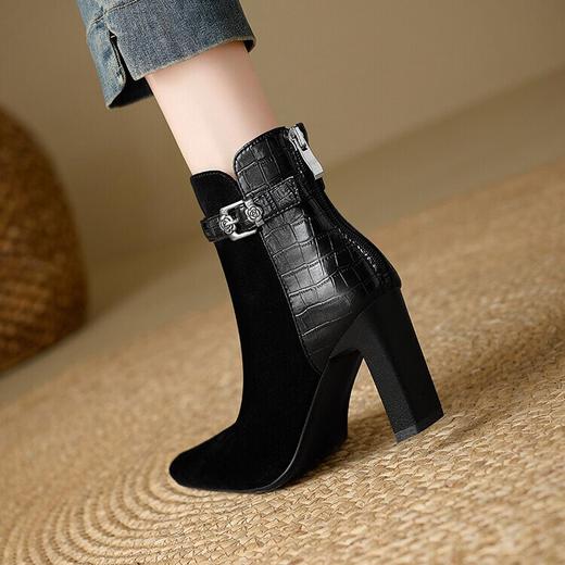 【预售5天】秋冬新款方头粗跟后拉链真皮拼接皮带扣短靴MBJR&A803 商品图1