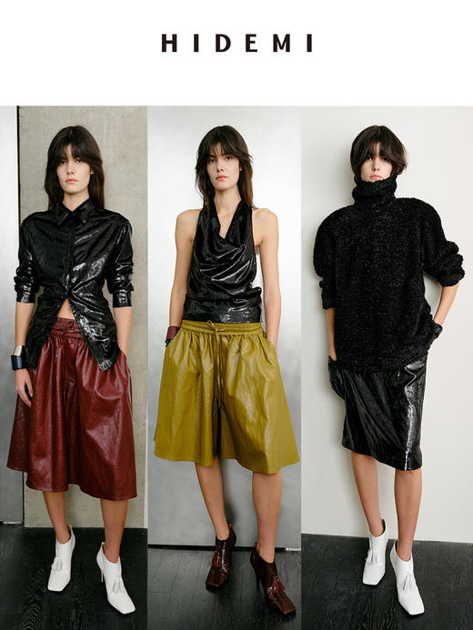 HIDEMI 节日系列艺术软雕塑感流苏黑色亮面极简设计感挂脖背心衬衫半身裙三件套  挂脖露背背心/衬衫/半身裙 商品图0