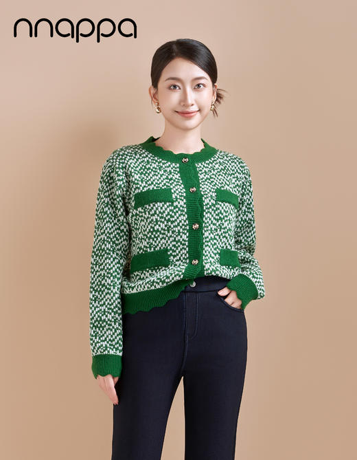 波浪边圆领单排扣毛线针织花撞色短款开衫7215 商品图0