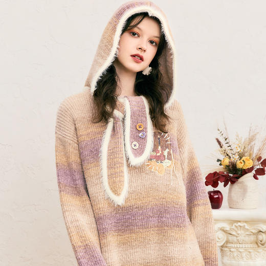 两三事糖果梦乡2024冬新款趣味贴布绣可拆帽子渐变色毛衣裙连衣裙 商品图2