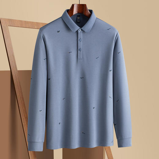 罗蒙秋冬男士Polo衫满印含羊毛蚕丝休闲百搭双面磨毛polo衫男长袖t恤男 商品图2