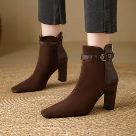 【预售5天】秋冬新款方头粗跟后拉链真皮拼接皮带扣短靴MBJR&A803