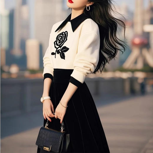 奢姿2024年冬季新款大码女装撞色玫瑰套装胖妹妹小香风半裙两件套9944991985 商品图1