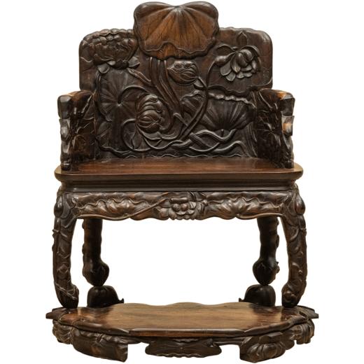 清 红木满雕荷花纹带脚踏宝座 商品图5