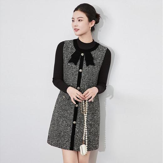 【高货wl】全新升级【铂金会员339/天猫459/差价120】(40408) 洛诗琳新款立领细坑条针织打底衫亮片蝴蝶结背心裙套装 商品图3