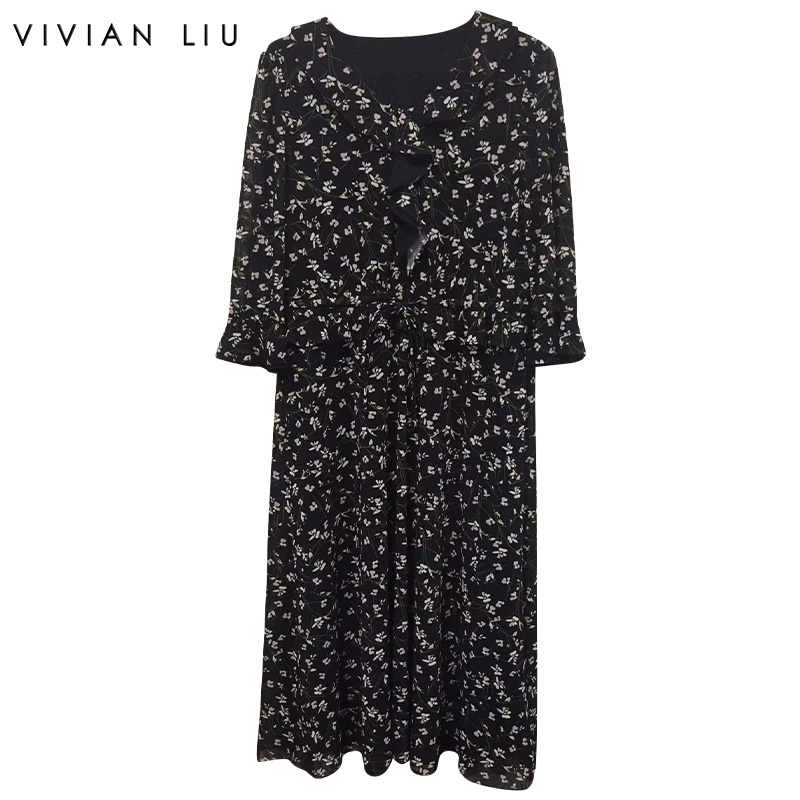 VIVIAN LIU TD2437401夏女装新款花边V领印花长袖长款连衣裙