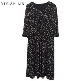 VIVIAN LIU TD2437401夏女装新款花边V领印花长袖长款连衣裙