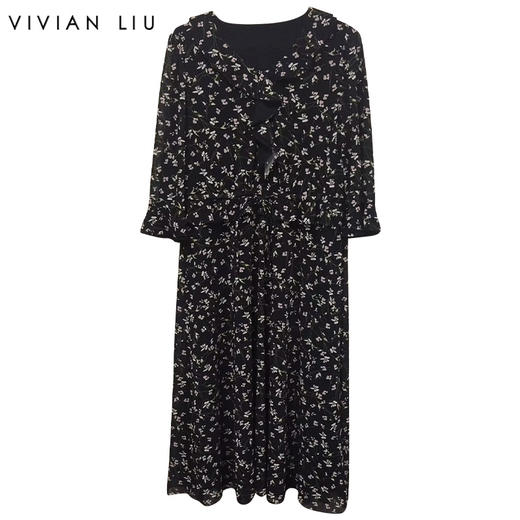 VIVIAN LIU TD2437401夏女装新款花边V领印花长袖长款连衣裙 商品图0