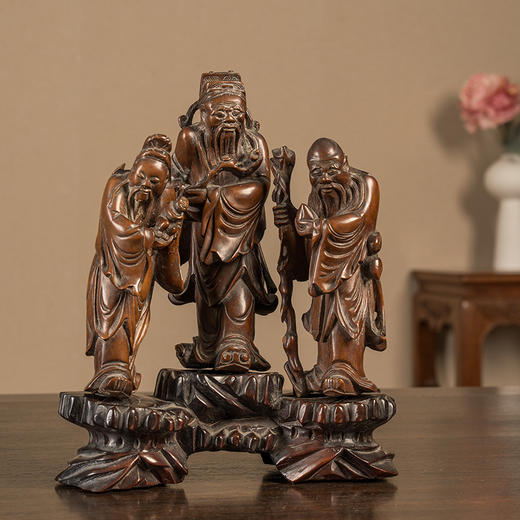 清 黄杨木雕福禄寿三星人物摆件（红木座） 商品图0