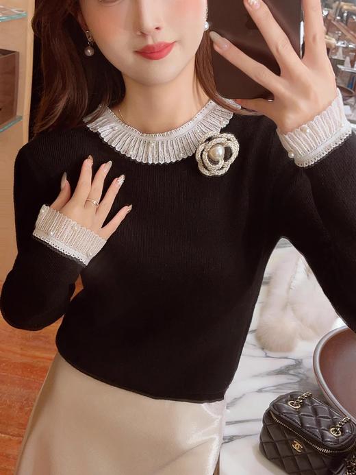 张心子【蕾丝山茶】花边蕾丝钉珠半高领弹力保暖针织衫打底上衣 U2411080 商品图5