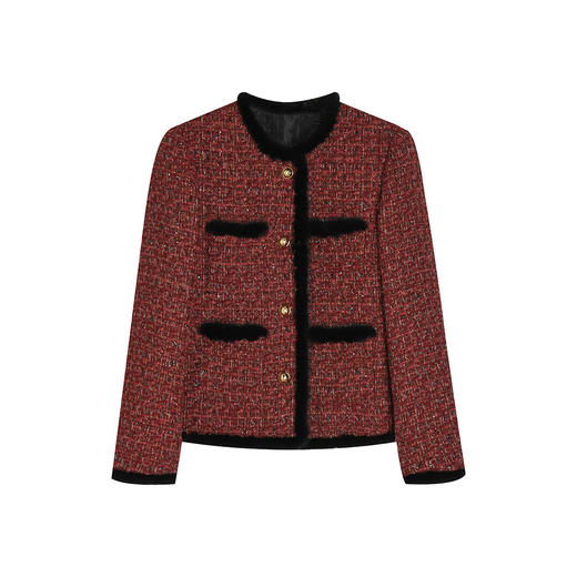 24冬新复古红羊毛小香粗花呢水貂拼接90白鸭绒羽绒服外套！ 商品图4