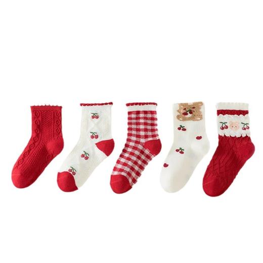 【5双装！儿童秋冬纯棉袜子！】女童本命年新年袜子，红色纯棉温暖陪伴；中筒长袜，不勒不掉舒适穿戴；新疆棉制，安全无荧光健康保障。秋冬过节必备，让你的宝贝倍感暖心！ 商品图4
