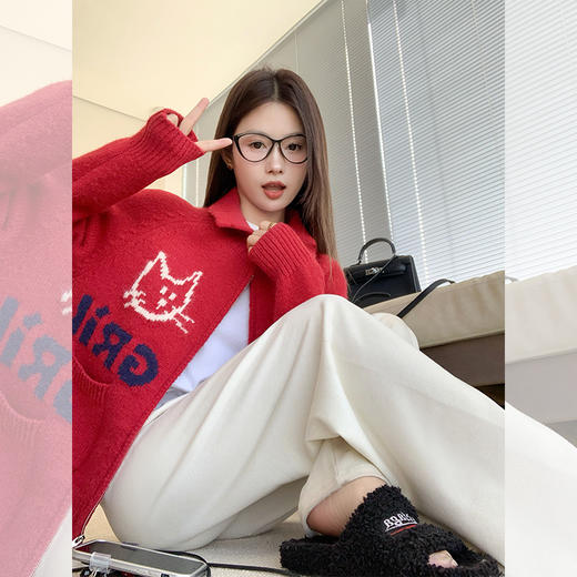 <曾小咸推荐>慵懒设计感红色翻领字母毛衣 商品图1