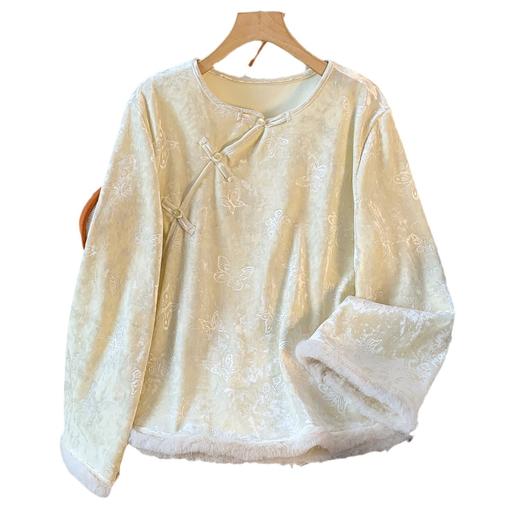 XYmnfs9798高级感白色丝绒上衣女秋冬加绒加厚打底衫新中式国风内搭水貂毛毛 商品图4