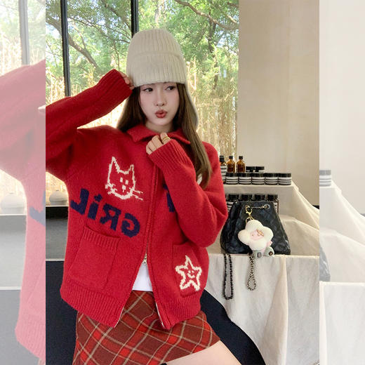 <曾小咸推荐>慵懒设计感红色翻领字母毛衣 商品图3