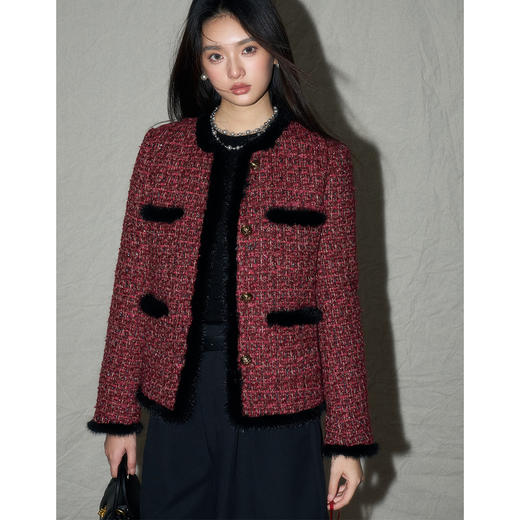 24冬新复古红羊毛小香粗花呢水貂拼接90白鸭绒羽绒服外套！ 商品图0