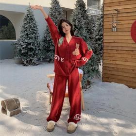 年货节！【冬季新款大红色小熊图案】开衫舒适半边绒加厚家居服可外穿套装