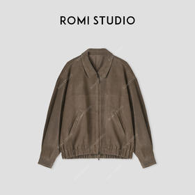 ROMI STUDIO“棕标甄选”进口小牛反绒皮立领收腰宽松皮衣 441P6028