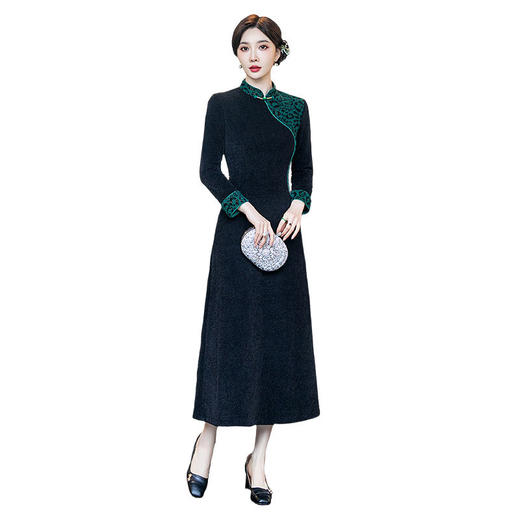 SY107秋冬加厚显瘦妈妈奥黛改良旗袍2024新款女复古长袖日常可穿连衣裙 商品图4