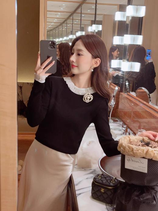 张心子【蕾丝山茶】花边蕾丝钉珠半高领弹力保暖针织衫打底上衣 U2411080 商品图4