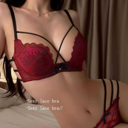 【性感纯欲❗️蕾丝上托文胸套装】蝴蝶结加小钻石点缀，真的美爆了❗️新年蛇年本命年情趣内衣女镂空条纹小胸聚拢收副乳 商品图0