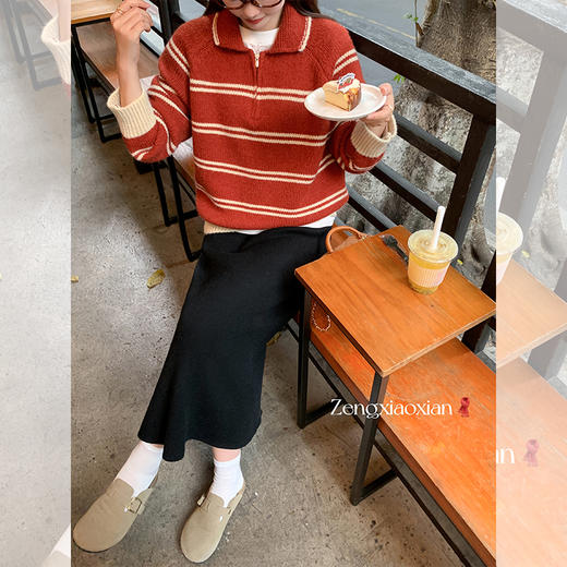 <曾小咸推荐>百搭红色条纹拉链软糯宽松毛衣 商品图1