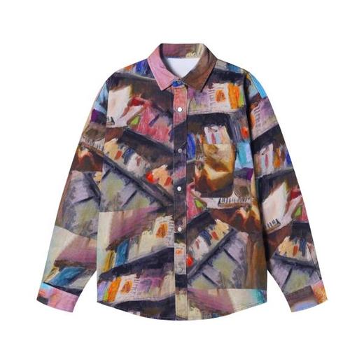 HC382秋季新款宽松撞色衬衫涂鸦设计美式复古潮流百搭时尚 商品图0