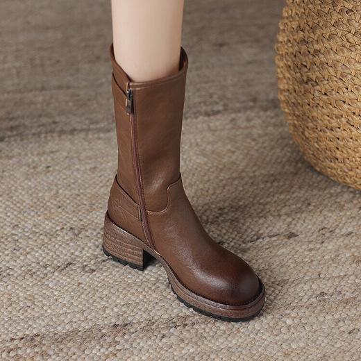 【预售5天】质感满满甜酷帅气皮带扣圆头中筒靴秋冬季新款牛皮复古百搭皮靴MDY&M215-1 商品图2