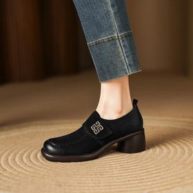 【预售5天】秋冬季羊皮乐福鞋圆头复古风小皮鞋魔术贴中跟深口单鞋女DPJ&2955