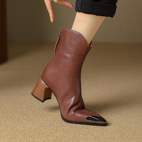 【预售5天】欧美复古风金属尖头气质短靴秋冬季新款后拉链时尚粗跟骑士皮靴KNTNX&KT3025-1