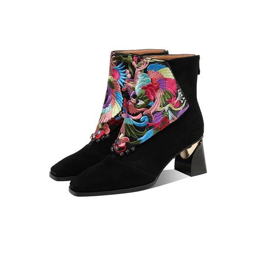 【预售5天】秋冬新款中筒刺绣粗跟马丁靴绣花瘦瘦单靴子翻皮民族风棉靴ALS&2351-1 商品图4