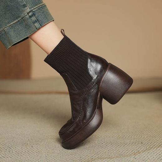 【预售5天】棕色复古拼接毛线筒短靴女新款厚底百搭小个子增高显瘦羊皮马丁靴TYMXY&6790 商品图1