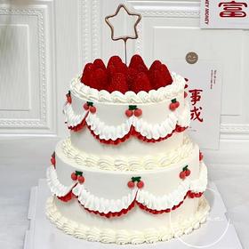 【草莓蛋糕复古手绘樱桃花边双层定制019】