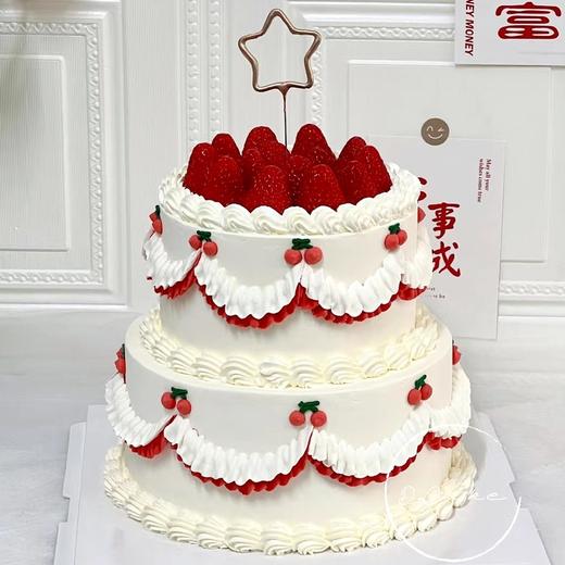 【草莓蛋糕复古手绘樱桃花边双层定制019】 商品图0
