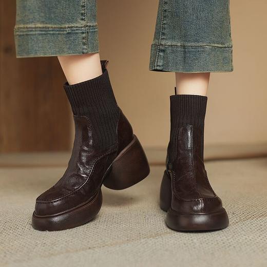【预售5天】棕色复古拼接毛线筒短靴女新款厚底百搭小个子增高显瘦羊皮马丁靴TYMXY&6790 商品图3