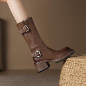 【预售5天】质感满满甜酷帅气皮带扣圆头中筒靴秋冬季新款牛皮复古百搭皮靴MDY&M215-1