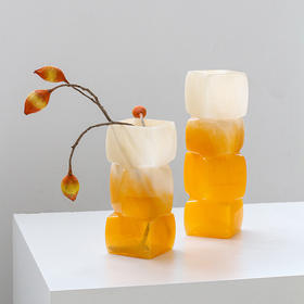 中古风渐变阳光橘几何方块台面鲜花花瓶餐桌软装酒店电视柜装饰品