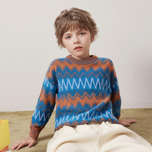 mettekids儿童100%羊绒衫秋冬新款男童折线提花针织衫童装毛衣 商品图2