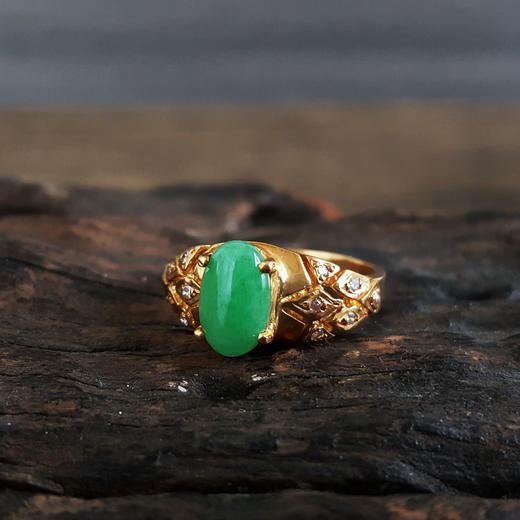 【天然正品】A货翡翠AU750黄金镶钻镶天然糯种满绿蛋面翡翠戒指12.5号（戒圈可改）女士现售价：2680特价！181124NJM49 商品图2